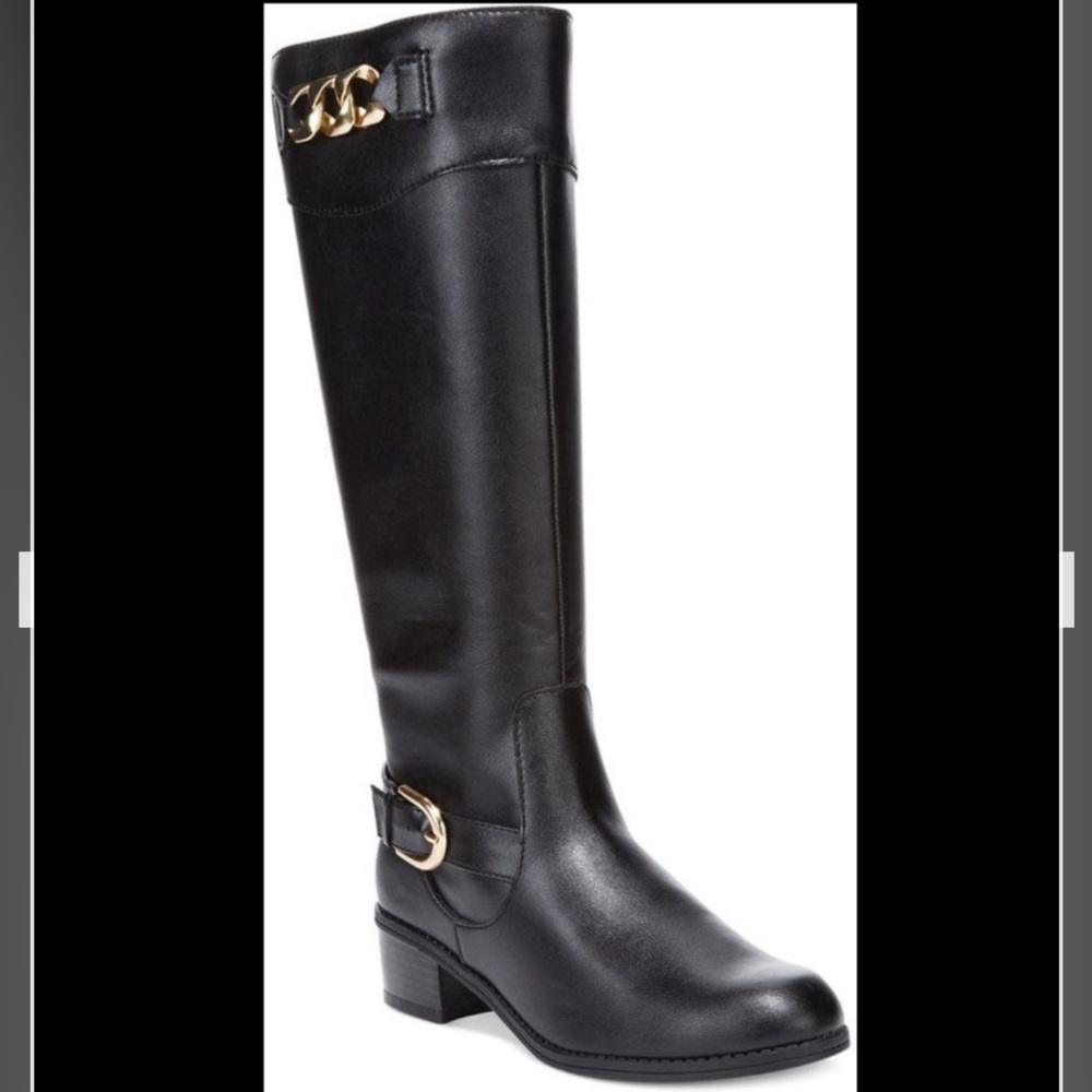 Karen Scott black riding boots with gold metal hardware.